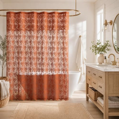 Orange Lace Shower Curtain with Attached Valance, 72x72, Terracotta