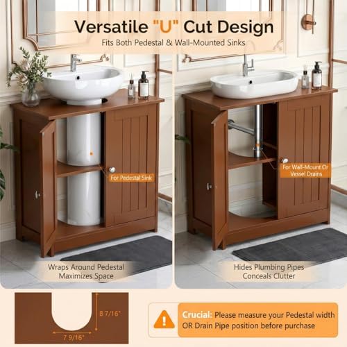 Bonnlo Pedestal Sink Storage Cabinet, 24" Espresso Under Sink Bathroom Storage Cabinet with 2 Doors and Adjustable Shelf, Traditional Bathroom Space Saver Organizer for Small Spaces, Water-Resistant