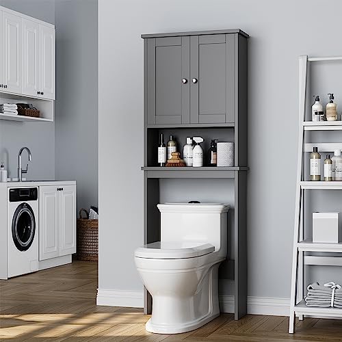 Over the Toilet Storage Cabinet, Bathroom Storage Cabinet Over Toilet with 2 Wood Doors, Freestanding Space Saver, Adjustable Shelf & Open Shelf, Grey
