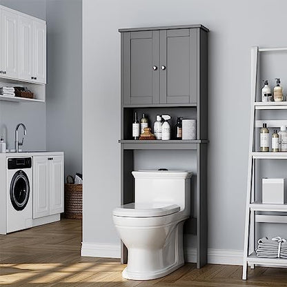 Over the Toilet Storage Cabinet, Bathroom Storage Cabinet Over Toilet with 2 Wood Doors, Freestanding Space Saver, Adjustable Shelf & Open Shelf, Grey