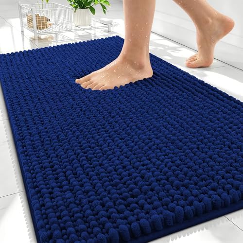 OLANLY Thick Chenille Bathroom Rugs 34x21, Soft Absorbent Bath Mat, Navy
