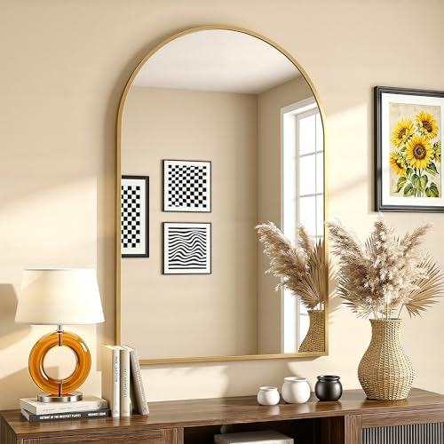 Antok Arched Bathroom Mirror, 20"x30" Wall Mounted Mirror, Vanity Mirrors for Over Sink, Aluminum Alloy Frame Bathroom Mirrors Living Room, Bedroom and Entryway, Gold