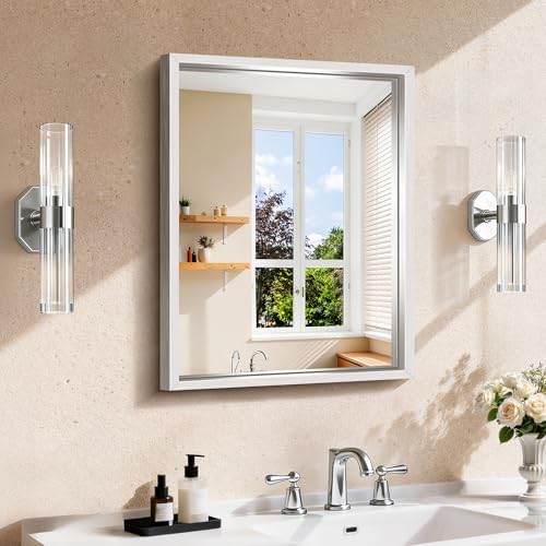 CIRCUMI 18"x24" Brushed Silver Bathroom Mirror, Rectangular Vanity Mirror