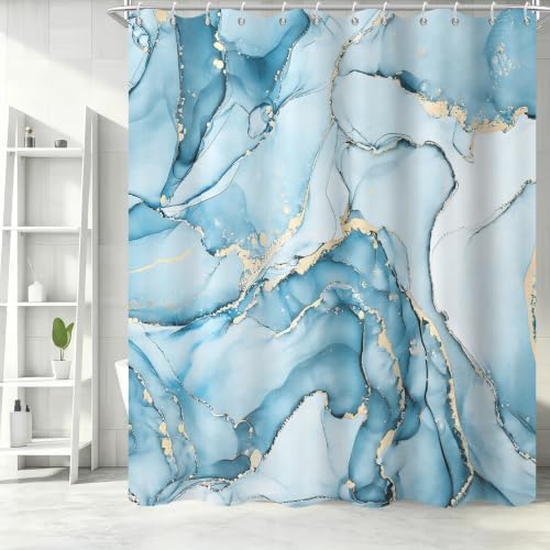 Aqua Blue Marble Shower Curtain Modern Abstract Luxury Gold Ink Texture Ombre Watercolor Bathroom Curtain Set with Hooks Soft and Lightweight Waterproof Fabric Machine Washable 66" WX72 L