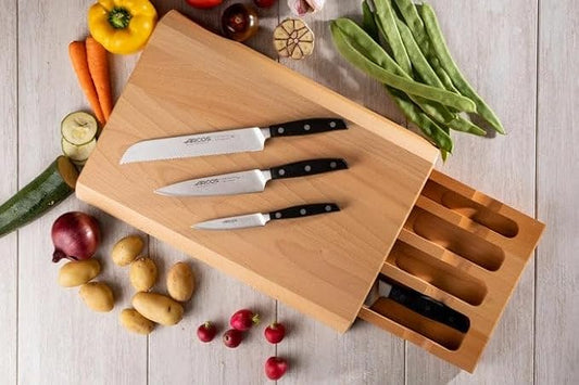 Arcos Forged Knife Set 4 Pieces for Drawer. NITRUM Forged Stainless Steel - Ergonomic Polyoxymethylene POM Handle. Series Manhattan. Color Black