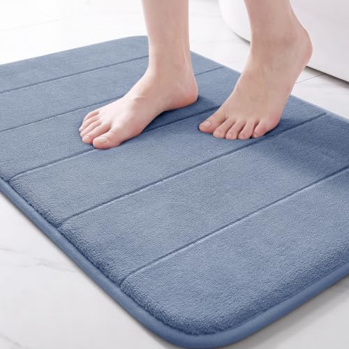 Yimobra Memory Foam Bath Mat, Super Soft Absorbent Bathroom Rug Non Slip, Quick Dry, Machine Washable Floor Carpet for Tub Shower, Home Decor Accessories, 24x17, Denim Blue