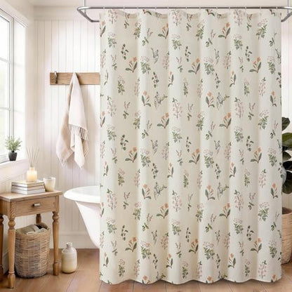 Colorful Star Farmhouse Beige Floral Linen Shower Curtain, 72" W x 72" L