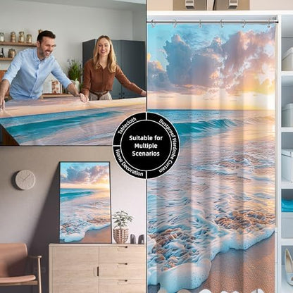 Ocean Beach Coastal Nautical Summer Sunset Small Stall RV Half Size Shower Curtain for Bathroom 39W*72H Inch Seaside Seacoast Beachy Waves Bathtub Decor Seascape Neutral Waterproof Polyester Fabric