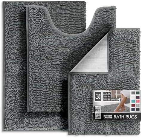Hearth & Harbor Bathroom Rugs, Chenille Bath Mat - Machine Washable Bath Mats for Bathroom Non-Slip Backing Rubber, Quick Dry Mat - Grey Bath Rug, 17x24-20x32-20x24