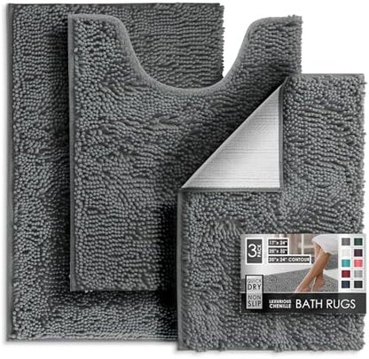 Hearth & Harbor Bathroom Rugs, Chenille Bath Mat - Machine Washable Bath Mats for Bathroom Non-Slip Backing Rubber, Quick Dry Mat - Grey Bath Rug, 17x24-20x32-20x24