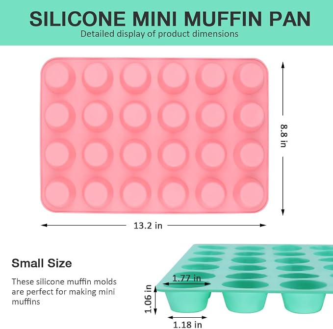 2PCS Silicone Mini Muffin Pan, 24 Cups Cupcake Pan for Baking, Mini Muffin Baking Pan for Cakes, Tart