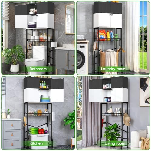 Over-The-Toilet Storage Rack, 4-Tier Bathroom Organizer Shelf Over Toilet with Barn Doors Cabinet and Basket, Freestanding Space Saver Bathroom Shelves with Paper Holder Above Toilet (Black & White)