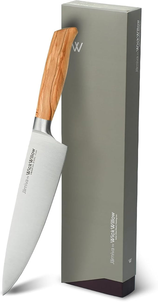 WICKWILLOW 8 Inch Chef Knife - Swedish Steel 14C28N with Italian Olive Wood Handle - Professional Kitchen Knife for Culinary Enthusiasts - Meat, Vegetables & Daily Prep - Gift Box - Jarniva Series