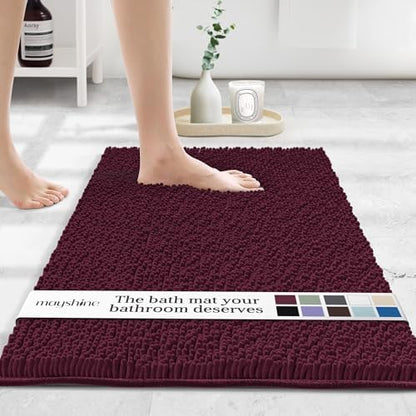 MAYSHINE Standard Plush Shaggy Chenille Bath Mat 32"x20" Extra Soft, Super Absorbent, Non-Slip Bathroom Rug | Fluffy Microfiber, Area Rug Sets for Bathroom Floor, Kitchen, Living Room | Burgundy