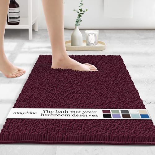 MAYSHINE Small Plush Shaggy Chenille Bath Mat 24"x17" Extra Soft, Super Absorbent, Non-Slip Bathroom Rug | Fluffy Microfiber, Area Rug Sets for Bathroom Floor, Kitchen, Living Room | Burgundy
