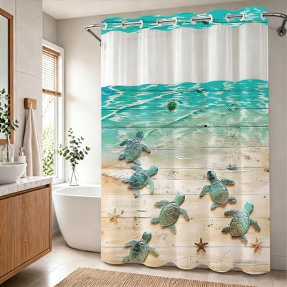 Nautical Green Beach Sea Turtle Theme No Hook Waffle Weave Shower Curtain with Snap in Liner Nautical Blue Bathroom Ocean Set 72 W x 81 H Inch Blue