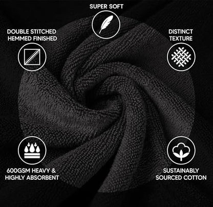 Luxury Bath Towels Set of 4, 27x54 Inches 600GSM 100% Cotton Ring Spun – Daily Use Highly Absorbent Viscose Stripe Bath Towel Sets for Bathroom, Hotel, Spa (Black)
