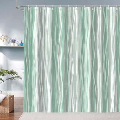 Moonslim Sage Green Grey Ombre Shower Curtain, Modern Wavy Abstract Striped Line Bathroom Curtain, Waterproof Fabric Bath Decor, 72 x 72 Inch