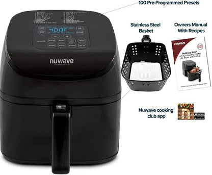 Nuwave 4.5-Qt Brio Air Fryer, 100 Pre-Programmed Recipes & 100 Memory Slots to Save & Recall Favorite Recipes, 100°F-400°F, Linear Thermal (Linear T) Technology for Perfect Results (Renewed)
