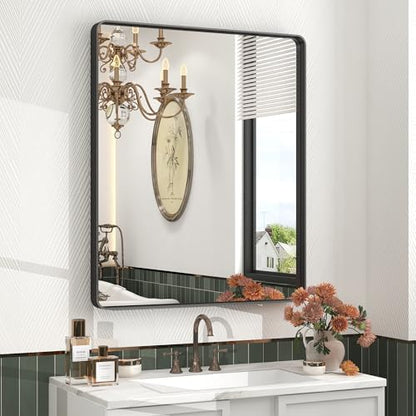 28x32 Inch Black Metal Framed Bathroom Mirror for Wall