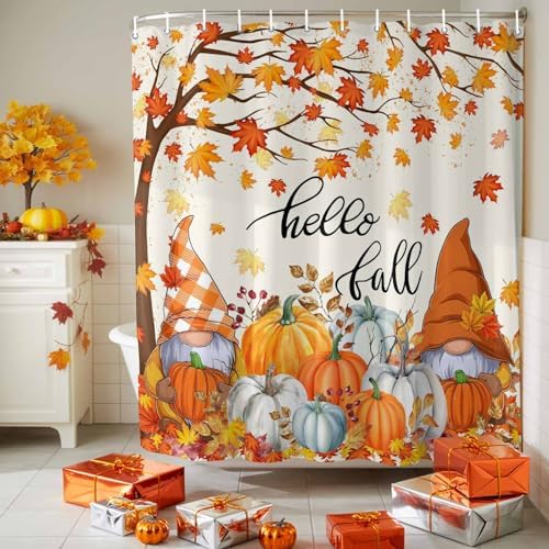 Shower Curtain Bathroom Set Autumn Gnome Orange Maple Tree Waterproof Shower Curtains with Grommets Hooks Thanksgiving Pumpkin Watercolor Privacy Bath Curtain for Bathtub Decor 72x72in