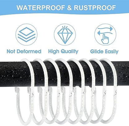 Goowin 24 Pcs Shower Curtain Rings, Shower Curtain Hooks, Oval Snap Shower Rings for Curtain, Metal Shower Curtain Rings Rust Proof, Glide Smoothly Shower Hooks for Shower Curtain Rod (White)
