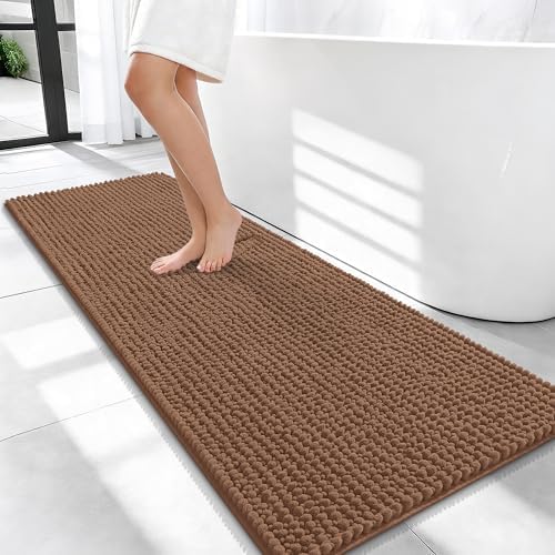 OLANLY Thick Chenille Bathroom Runner Rugs 47x20, Absorbent Bath Mat, Mocha