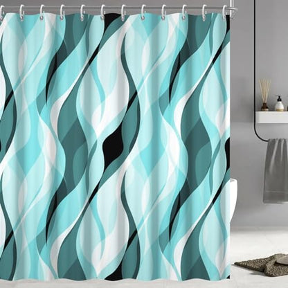 Teal Striped Shower Curtain with Hooks for Bathroom 72x96 Inch