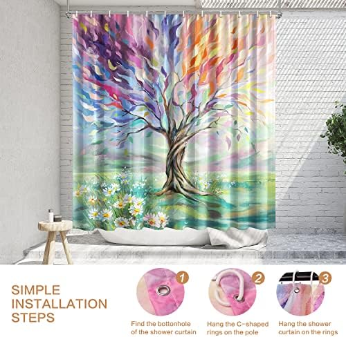 Oil Painting Tree Shower Curtain, Colored Seasons Tree Shower Curtain for Bathroom with 12 Hooks Polyester Fabric Washable Shower Curtain Set Home Office Farmhouse Decor Bath Curtain
