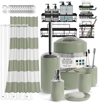 Clara Clark Bathroom Accessories Set - Bathroom Set with Adhesive Corner Shower Caddy Hanging, 25PC Bathroom Accessory Set, Sage Green Shower Curtain Set, Toilet Brush, Trash Can & Soap Dispenser