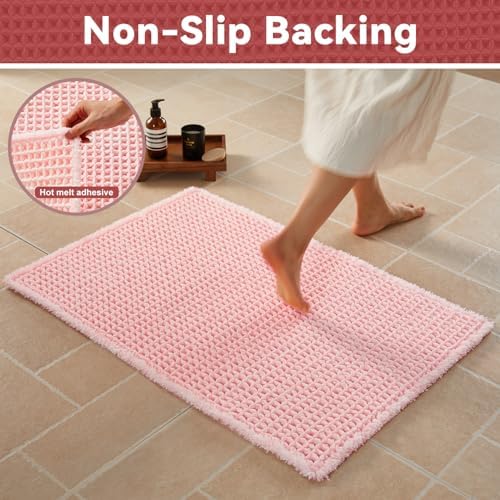 Triohero Waffle Bath Mat, Small Boho Bathroom Rugs Non Slip Washable, Ultra Soft Super Absorbent Quick Dry Farmhouse Bathroom Decor, 16" x 24", Light Peachy Pink