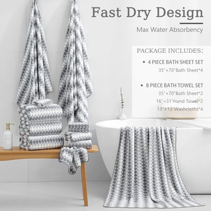 8 Piece Bathroom Towel Set Gray |2 Oversized Large Bath Towels Sheet,2 Hand Towels and 4 Washcloths| 600GSM Ultra Soft Luxury Premium Towel Set Highly Absorbent Quick Dry Hotel Towel Collection