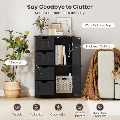 Giantex Bathroom Storage Cabinet with Drawers - 4 Drawer Storage Organizer w/Cupboard, Adjustable Shelf, Anti-Toppling Device, Entryway Storage Unit Console Table, Bathroom Floor Cabinet (Black)