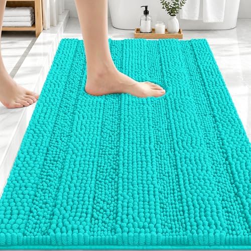 OLANLY Thick Bathroom Rugs 30x20, Soft Chenille Striped Bath Rugs, Teal