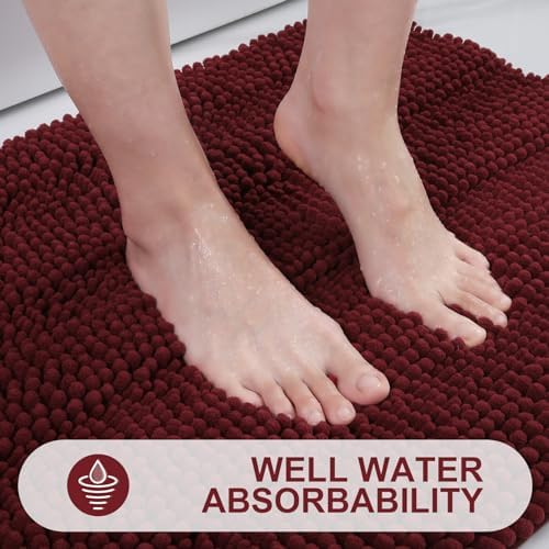 Grandaily Chenille Striped Bathroom Rugs 59x24, Extra Thick and Absorbent Bath Mats, Non-Slip Soft Plush Shaggy Shower Carpet, Machine Wash Dry, Bath Rug for Bathroom, Burgundy