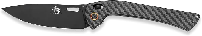 SENBON foldable chef's knife, AUS-8 stainless steel with black titanium plating, carbon fiber handle with back clip, portable outdoor folding fruit petty knife