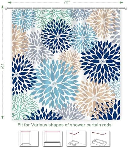 Shower Curtain Dahlia, Floral Shower Curtain Teal Blue Flowers Shower Curtains with Hooks for Bathroom Waterproof Polyester Fabric Machine Washable Home Farmhouse Decor Bath Curtains 72 X 72 Inches
