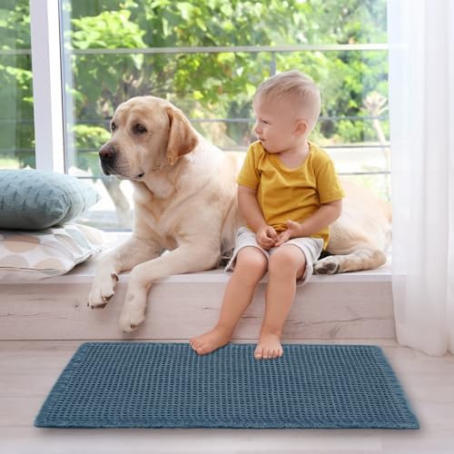 ZALL Blue Waffle Bath Mat,Super Absorbent Non Slip Bathroom Rug, 17x24inch, Machine Washable Ultra Soft Floor Mats