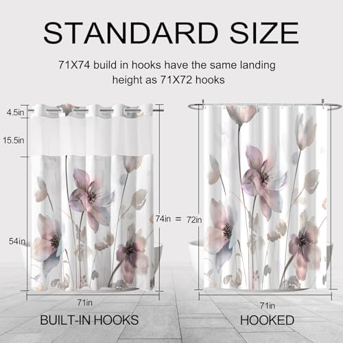 No Hook Shower Curtain and Liner Set, Pink Boho Floral 71x74