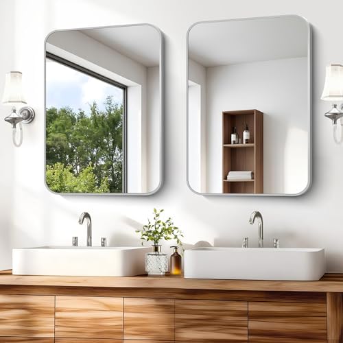 Silver Bathroom Mirror, 18 x 24 Inch Rectangle Mirrors for Wall, Rounded Corner Metal Framed Wall Mounted Mirror for Over Sinks Living Room Bedroom Entryway Hangs Horizontal/Vertical