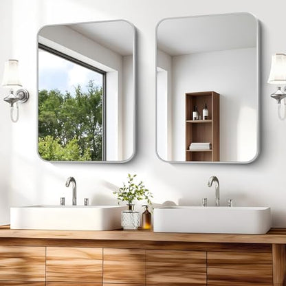 Silver Bathroom Mirror, 18 x 24 Inch Rectangle Mirrors for Wall, Rounded Corner Metal Framed Wall Mounted Mirror for Over Sinks Living Room Bedroom Entryway Hangs Horizontal/Vertical