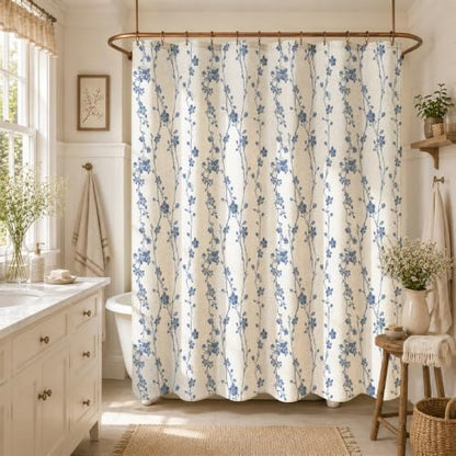 Navy Blue Farmhouse Linen Shower Curtain, Boho Floral Fabric, 72 x 72