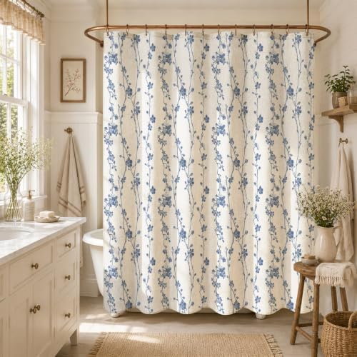 Navy Blue Farmhouse Linen Shower Curtain, Boho Floral Fabric, 36 x 72