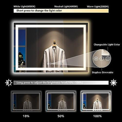60x40 LED Bathroom Mirror with Lights, Lighted Vanity Mirror