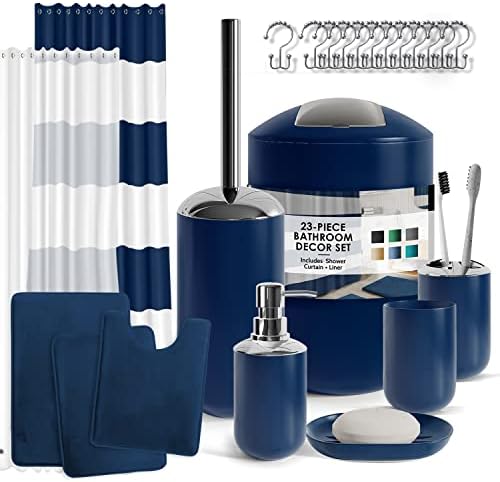 Clara Clark Bathroom Set - Navy Bathroom Accessories Set, Bathroom Sets with Shower Curtain and Rugs, 23PC Shower Curtain Set with Liner, Soap Dispenser, Soap Dish, Toilet Brush Holder, and Trash Can