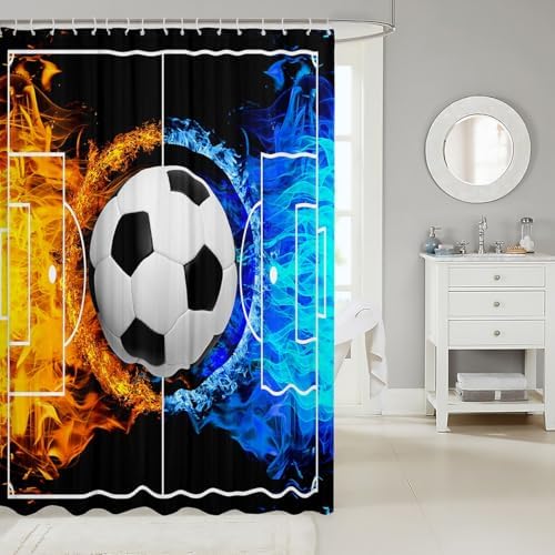 jejeloiu Soccer Ball Game Bath Curtain Boys Girls 72"x72" Football Shower Curtain for Kids Women Men Waterproof Ice Fire Bathroom Shower Curtain Set Orange Blue Kids Bathroom Accessories