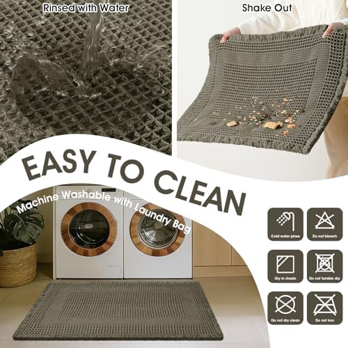 Upgraded Waffle Bath Mat Set 3 Piece Greyish Green-Looped, Super Absorbent Non-Slip Quick Dry Bathroom Rugs with Tassels, Machine Washable Ultra Soft Boho Bath Rugs, Toilet Mats Boho Farmhouse Decor