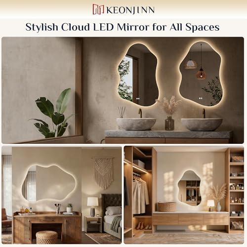 Keonjinn 48 x 30 Inch Irregular Backlit Bathroom Mirror, HD Tempered Glass