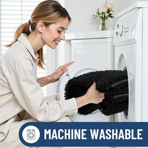 Smiry Luxury Chenille Toilet Rugs U-Shaped 20x20, Soft Absorbent Non-Slip Contour Bathroom Rugs for Toilet, Machine Washable Contoured Bath Mats, Black