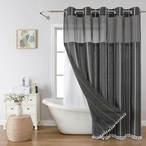 eachope Boho Farmhouse No Hook Shower Curtain with Liner,71x74,CharcoalGrey